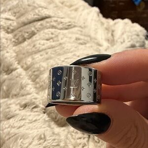 Silver Wide Band Ring with Monogram Motif